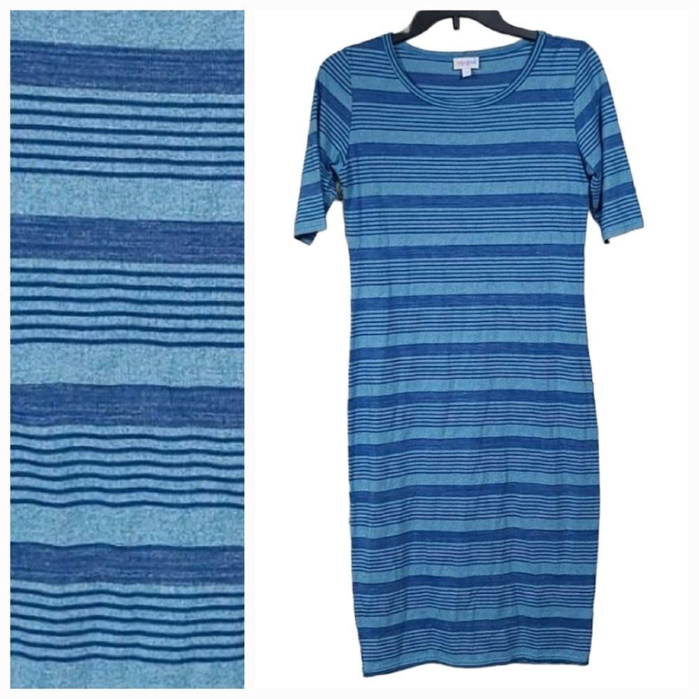 LuLaRoe Julia S 4/6 Turquoise Stripe Knee Length Stretchy Fitted Midi Dress